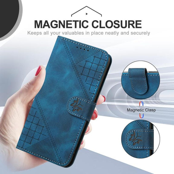 For iPhone 17 YX0080 Grid Butterfly Embossed Pattern Flip Leather Phone Case with Lanyard(Dark Blue)