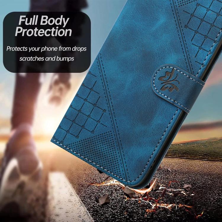 For iPhone 17 YX0080 Grid Butterfly Embossed Pattern Flip Leather Phone Case with Lanyard(Dark Blue)