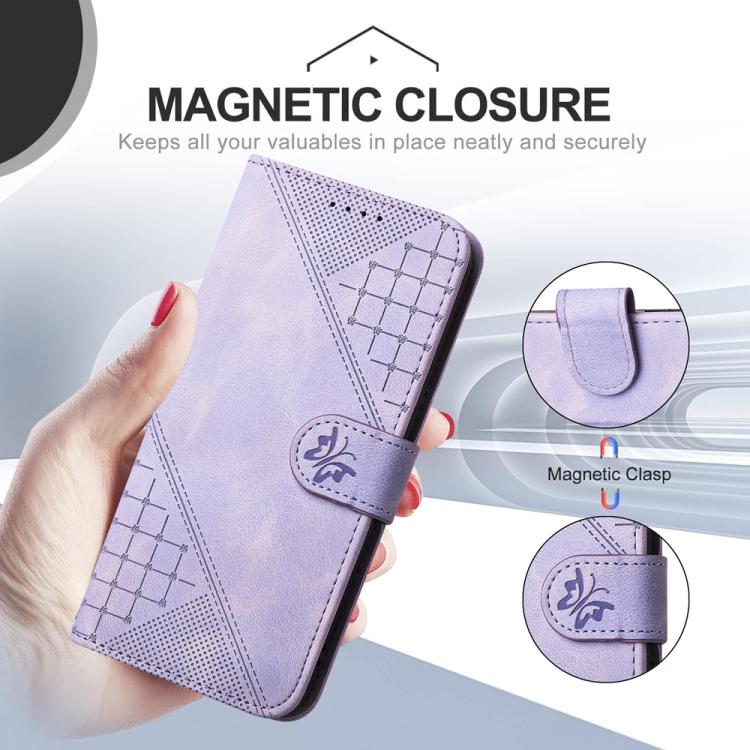 For iPhone 17 YX0080 Grid Butterfly Embossed Pattern Flip Leather Phone Case with Lanyard(Light Purple) - free shipping - PMc TechLife - Order now!