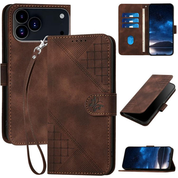 For iPhone 17 Pro Max YX0080 Grid Butterfly Embossed Pattern Flip Leather Phone Case with Lanyard(Coffee)
