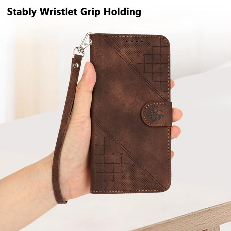 For iPhone 17 Pro Max YX0080 Grid Butterfly Embossed Pattern Flip Leather Phone Case with Lanyard(Coffee)
