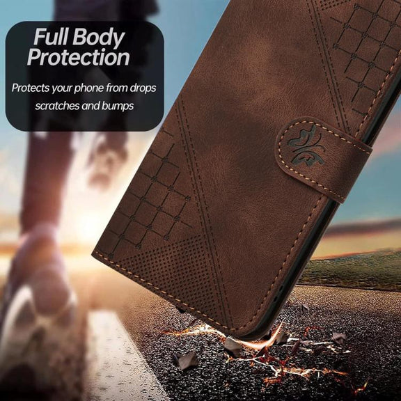 For iPhone 17 Pro Max YX0080 Grid Butterfly Embossed Pattern Flip Leather Phone Case with Lanyard(Coffee)
