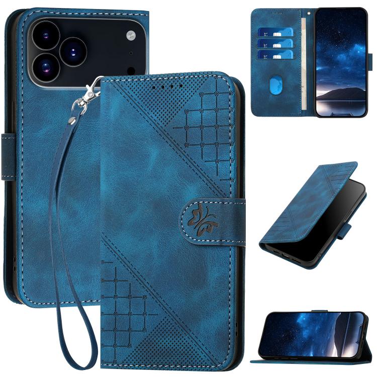 For iPhone 17 Pro YX0080 Grid Butterfly Embossed Pattern Flip Leather Phone Case with Lanyard(Dark Blue) - free shipping - PMc TechLife - Order now!