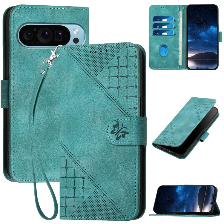 For Google Pixel 9 Pro XL YX0080 Grid Butterfly Embossed Pattern Flip Leather Phone Case with Lanyard(Light Blue) - Google Cases by PMC TechLife | Online Shopping South Africa | PMC TechLife | Buy Now Pay Later Mobicred