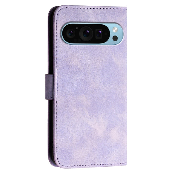 For Google Pixel 9 Pro XL Grid Butterfly Embossed Pattern Leather Phone Case with Lanyard(Light Purple)