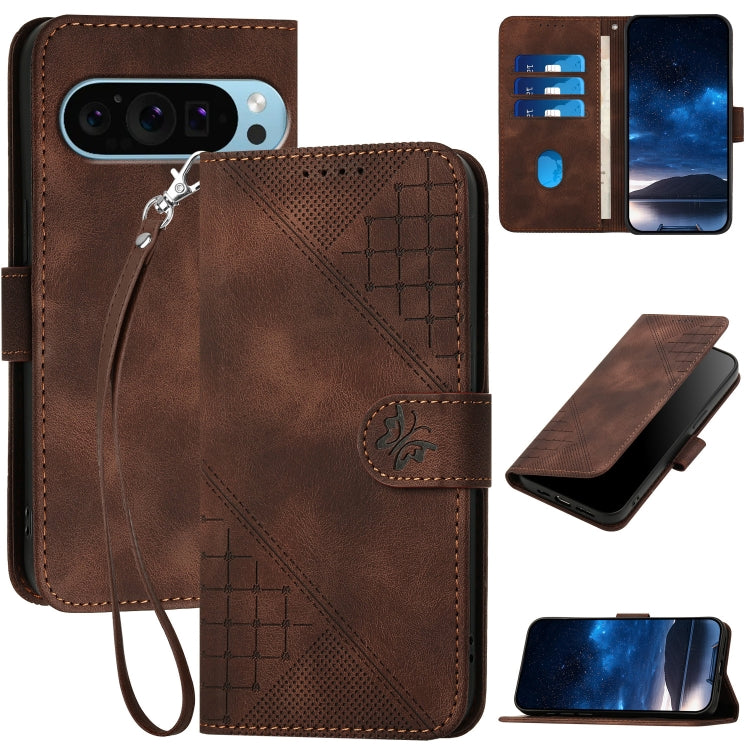 For Google Pixel 9 / 9 Pro YX0080 Grid Butterfly Embossed Pattern Flip Leather Phone Case with Lanyard(Coffee) - Google Cases by PMC TechLife | Online Shopping South Africa | PMC TechLife | Buy Now Pay Later Mobicred