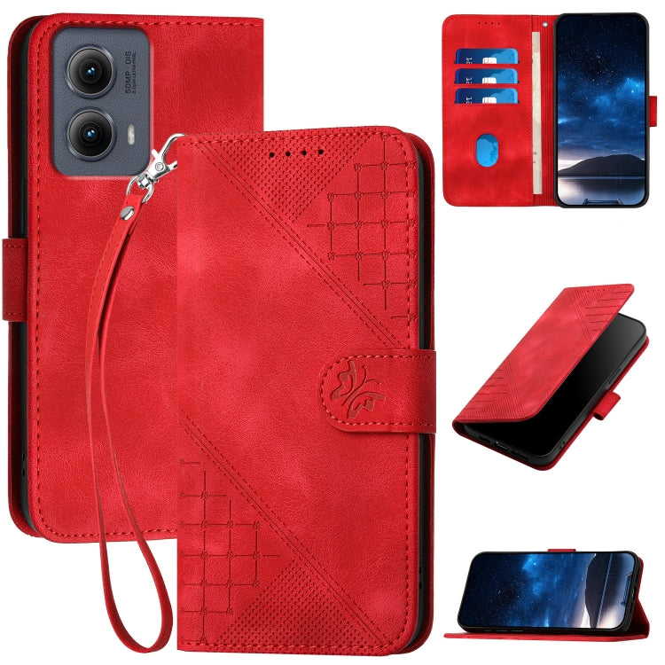 For Motorola Edge 2024 5G Global Grid Butterfly Embossed Pattern Leather Phone Case with Lanyard(Red) - free shipping - PMC Jewellery - Order now!