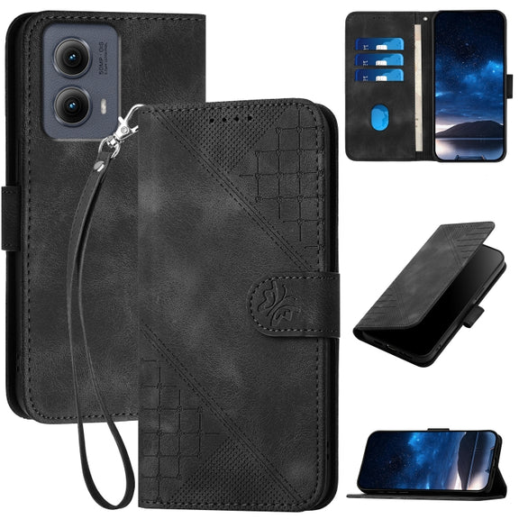For Motorola Edge 2024 5G Global YX0080 Grid Butterfly Embossed Pattern Flip Leather Phone Case with Lanyard(Black)