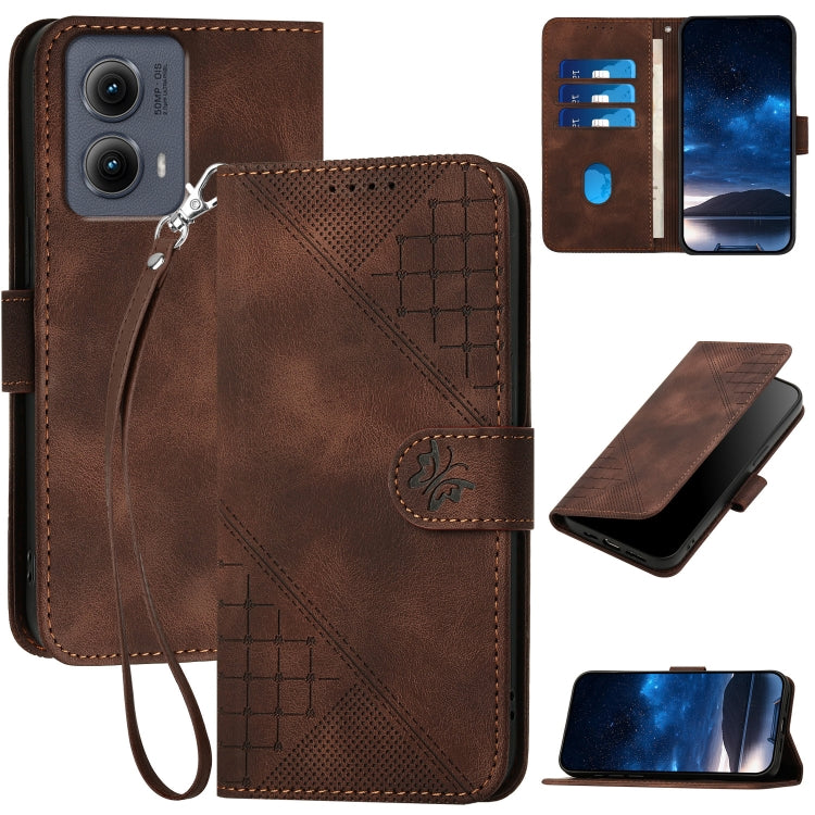 For Motorola Edge 2024 5G Global YX0080 Grid Butterfly Embossed Pattern Flip Leather Phone Case with Lanyard(Coffee) - Motorola Cases by PMC Jewellery | Online Shopping South Africa | PMC Jewellery | Buy Now Pay Later Mobicred