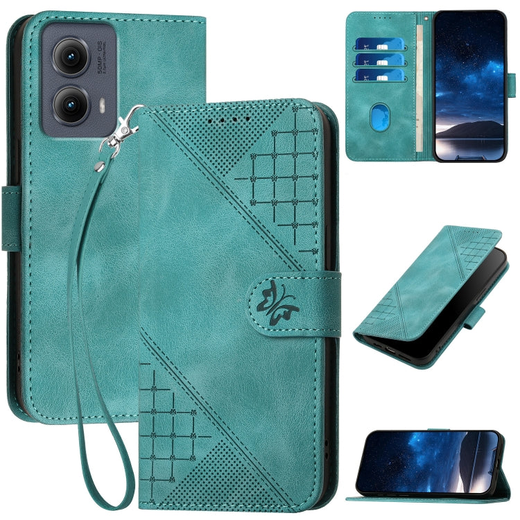 For Motorola Edge 2024 5G Global Grid Butterfly Embossed Pattern Leather Phone Case with Lanyard(Light Blue) - free shipping - PMC Jewellery - Order now!