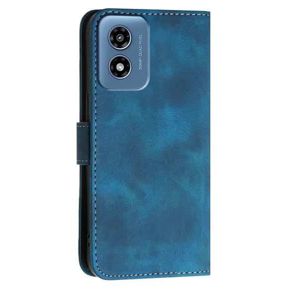 For Motorola Moto G Play 4G 2024 YX0080 Grid Butterfly Embossed Pattern Flip Leather Phone Case with Lanyard(Dark Blue)