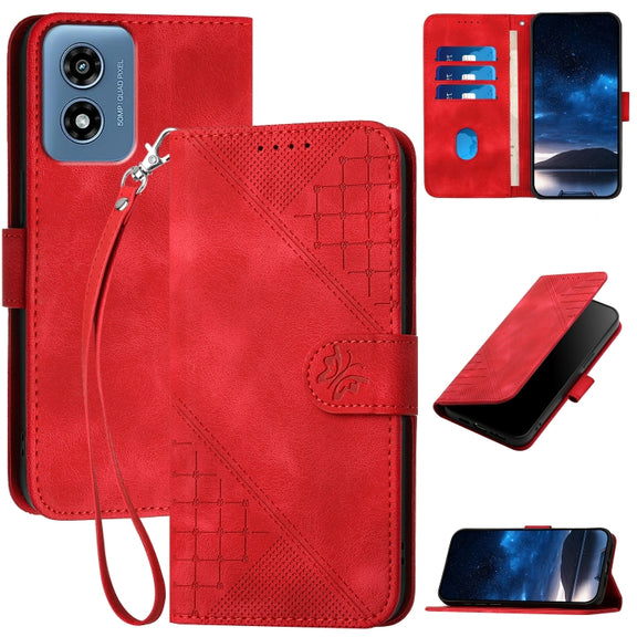 For Motorola Moto G Play 4G 2024 YX0080 Grid Butterfly Embossed Pattern Flip Leather Phone Case with Lanyard(Red)