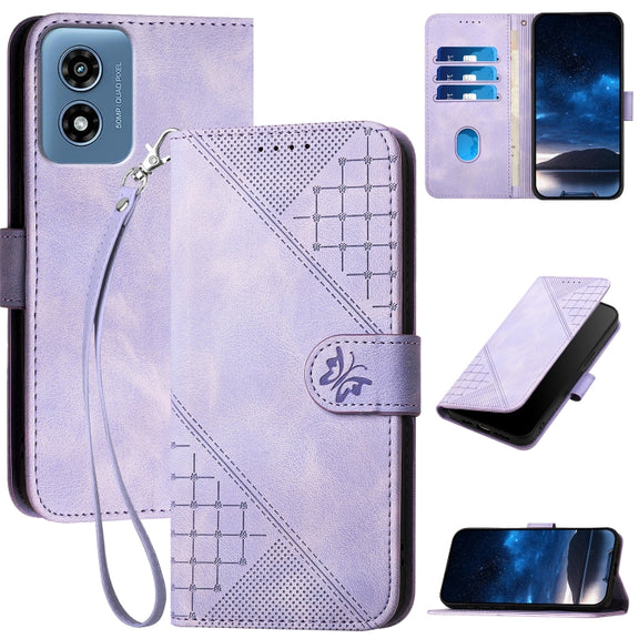 For Motorola Moto G Play 4G 2024 Grid Butterfly Embossed Pattern Leather Phone Case with Lanyard(Light Purple)