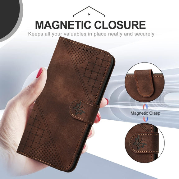 For Motorola Moto G Power 5G 2024 YX0080 Grid Butterfly Embossed Pattern Flip Leather Phone Case with Lanyard(Coffee)