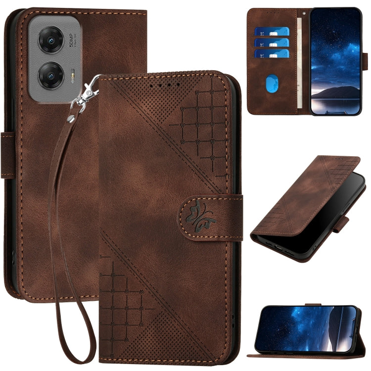 For Motorola Moto G Stylus 5G 2024 YX0080 Grid Butterfly Embossed Pattern Flip Leather Phone Case with Lanyard(Coffee) - Motorola Cases by PMC Jewellery | Online Shopping South Africa | PMC Jewellery | Buy Now Pay Later Mobicred