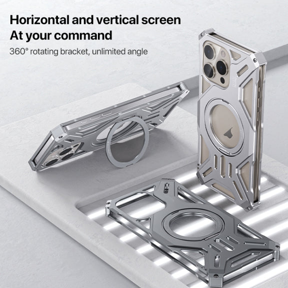 For iPhone 16 Pro Max Aluminum Alloy Borderless MagSafe Rotating Holder Phone Case(Grey)