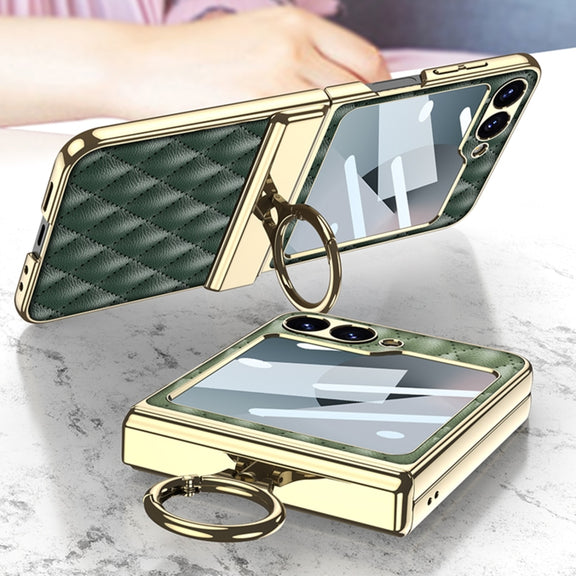 For Samsung Galaxy Z Flip6 / Flip7 FE GKK Rhombus Pattern Integrated Electroplated Leather Phone Case with Ring(Pink)