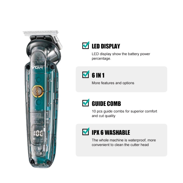 VGR V-102 6 in 1 USB Transparent Digital Display Professional Hair Clipper Set - free shipping - PMC Jewellery - Order now!