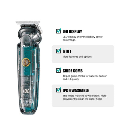 VGR V-102 6 in 1 USB Transparent Digital Display Professional Hair Clipper Set - free shipping - PMC Jewellery - Order now!