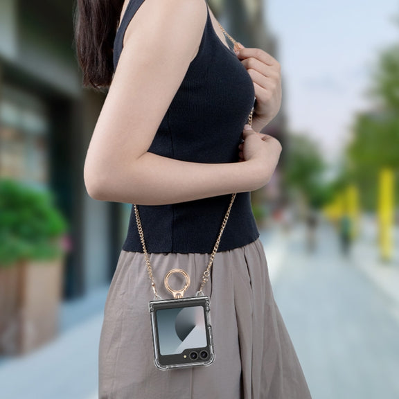 For Samsung Galaxy Z Flip6 GKK Clear Airbag Hinge Full Coverage Phone Case with Ring / Metal Chain(Silver)