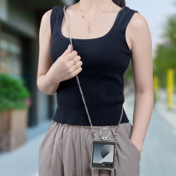For Samsung Galaxy Z Flip6 GKK Clear Airbag Hinge Full Coverage Phone Case with Ring / Metal Chain(Silver)