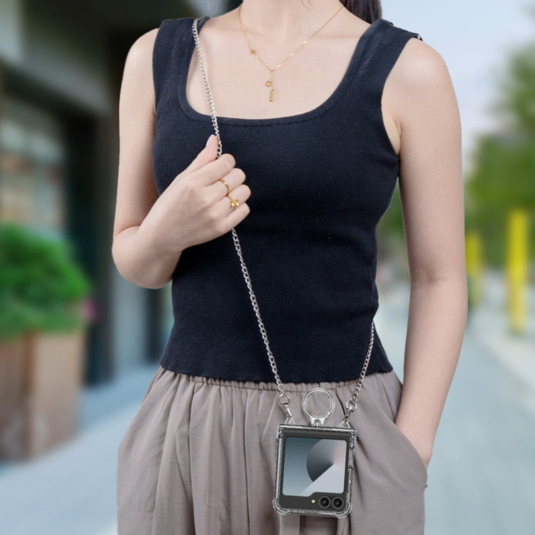 For Samsung Galaxy Z Flip6 / Flip7 FE GKK Clear Airbag Hinge Full Coverage Phone Case with Ring / Metal Chain(Gold)