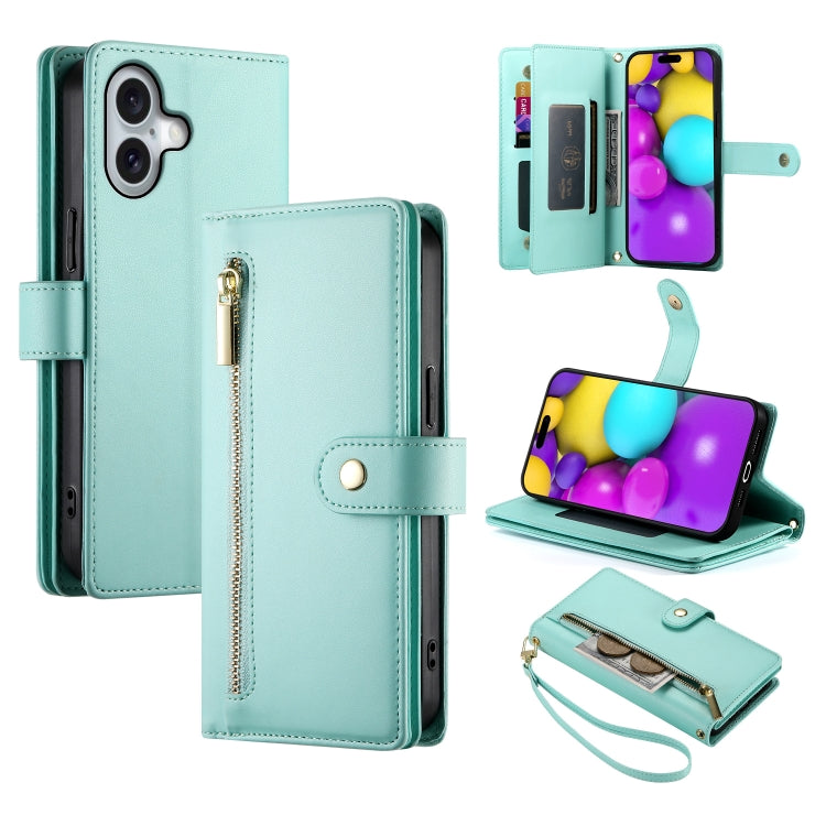 For iPhone 16 Nine Card-slot Zipper Wallet Bag Leather Phone Case(Mint Green) - iPhone 16 Cases by PMC TechLife | Online Shopping South Africa | PMC TechLife | Buy Now Pay Later Mobicred