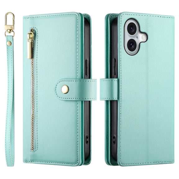 For iPhone 16 Nine Card-slot Zipper Wallet Bag Leather Phone Case(Mint Green)