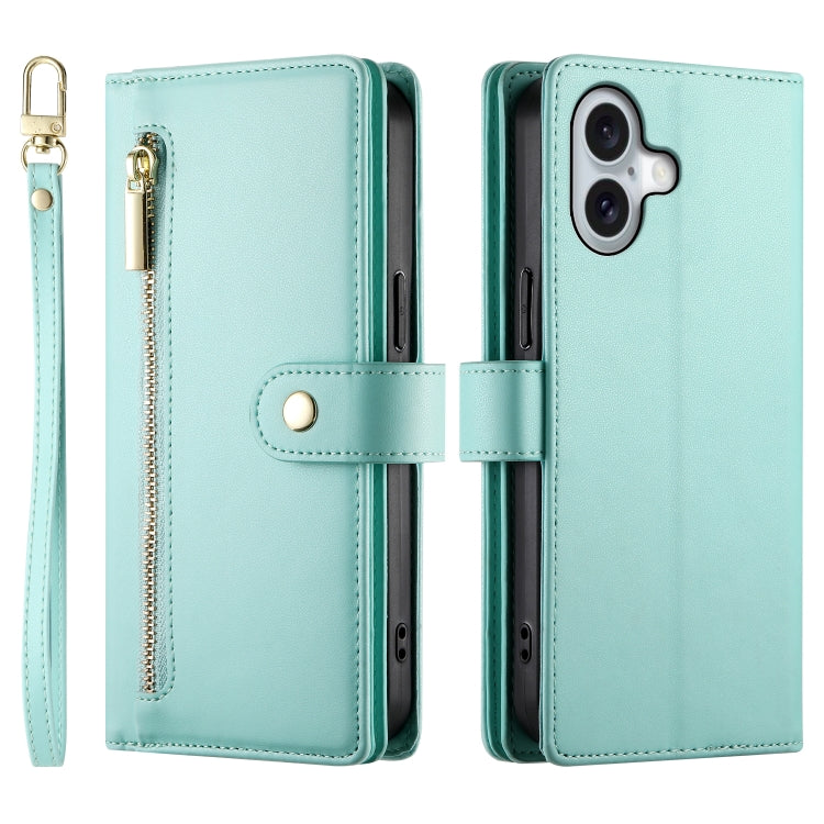 For iPhone 16 Nine Card-slot Zipper Wallet Bag Leather Phone Case(Mint Green)