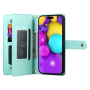 For iPhone 16 Nine Card-slot Zipper Wallet Bag Leather Phone Case(Mint Green)