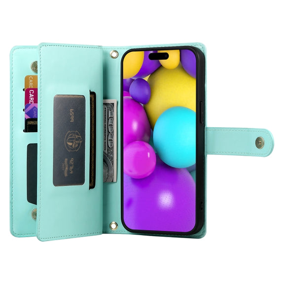 For iPhone 16 Nine Card-slot Zipper Wallet Bag Leather Phone Case(Mint Green)