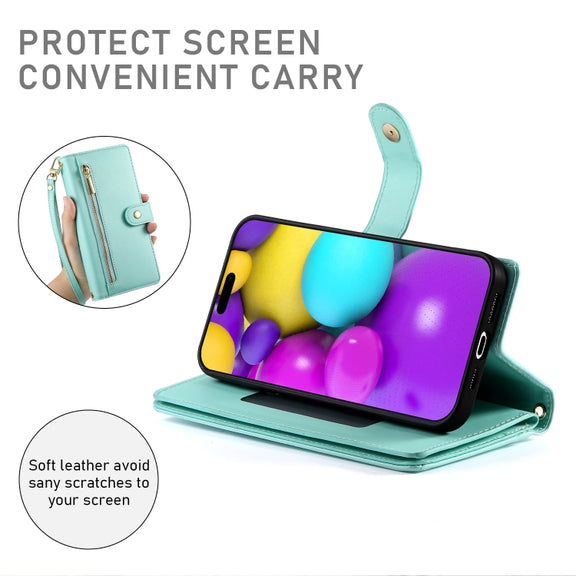 For iPhone 16 Nine Card-slot Zipper Wallet Bag Leather Phone Case(Mint Green)