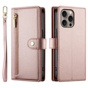 For iPhone 16 Pro Nine Card-slot Zipper Wallet Bag Leather Phone Case(Pink)