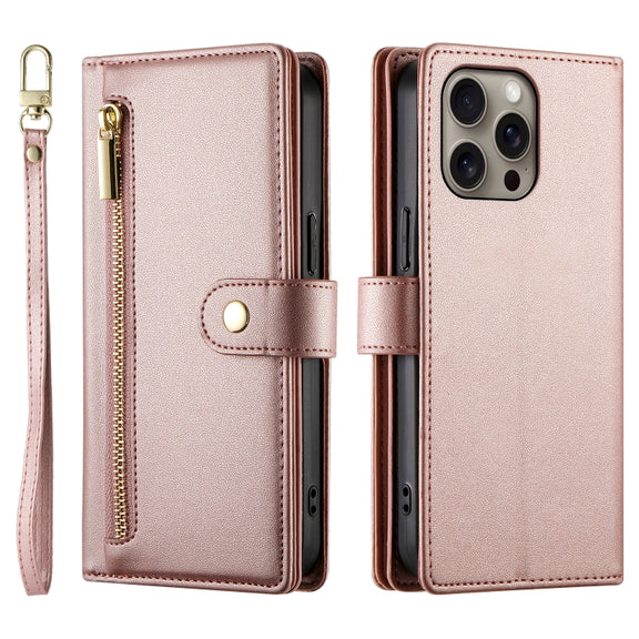 For iPhone 16 Pro Nine Card-slot Zipper Wallet Bag Leather Phone Case(Pink)