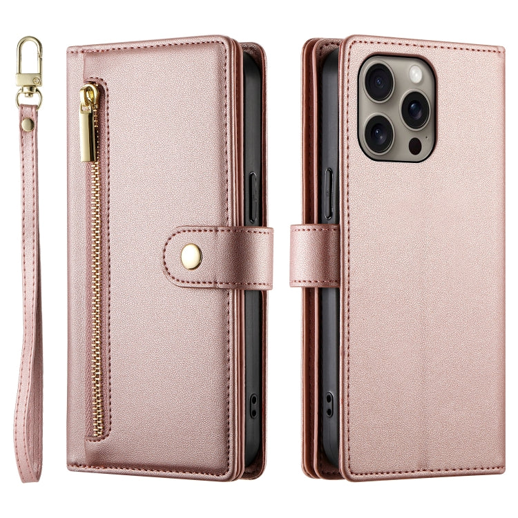 For iPhone 16 Pro Nine Card-slot Zipper Wallet Bag Leather Phone Case(Pink)