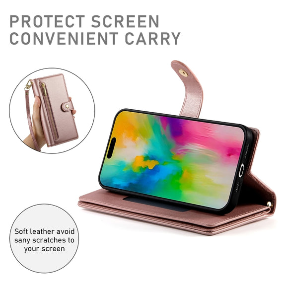 For iPhone 16 Pro Nine Card-slot Zipper Wallet Bag Leather Phone Case(Pink)