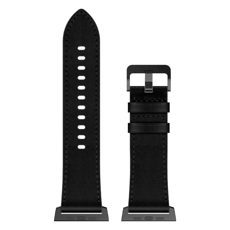 For Apple Watch SE 2023 44mm Wilderness Top-grain Leather Watch Band(Black Connector Black)