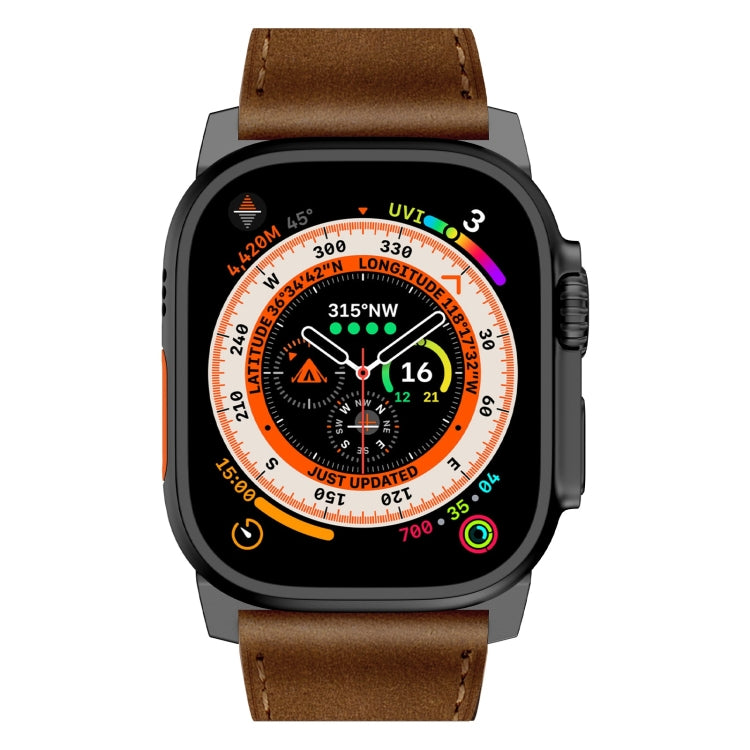 For Apple Watch Ultra 2 49mm Wilderness Top-grain Leather Watch Band(Black Connector Dark Brown)