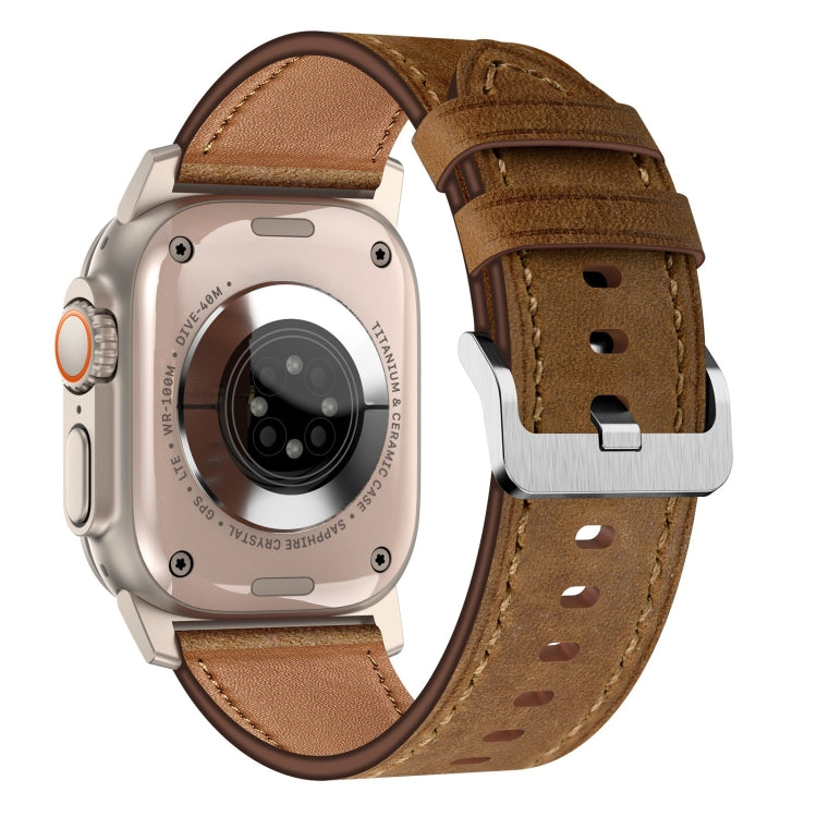For Apple Watch Ultra 2 49mm Wilderness Top-grain Leather Watch Band(Titanium Connector Dark Brown)