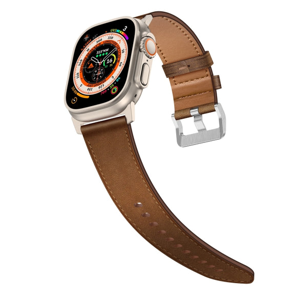 For Apple Watch Ultra 2 49mm Wilderness Top-grain Leather Watch Band(Titanium Connector Dark Brown)