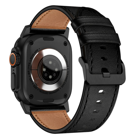For Apple Watch Ultra 49mm Wilderness Top-grain Leather Watch Band(Black Connector Black)