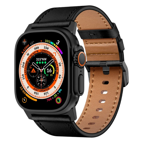 For Apple Watch Ultra 49mm Wilderness Top-grain Leather Watch Band(Black Connector Black)