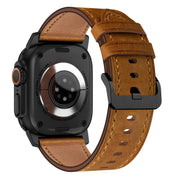 For Apple Watch Ultra 49mm Wilderness Top-grain Leather Watch Band(Black Connector Red Brown)