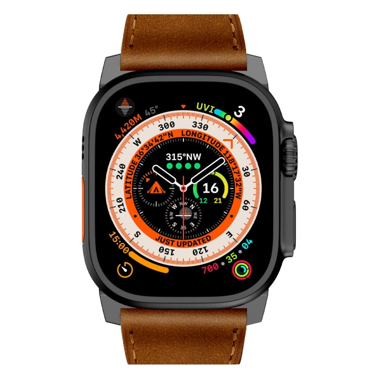 For Apple Watch Ultra 49mm Wilderness Top-grain Leather Watch Band(Black Connector Red Brown)