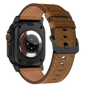 For Apple Watch Ultra 49mm Wilderness Top-grain Leather Watch Band(Black Connector Dark Brown)