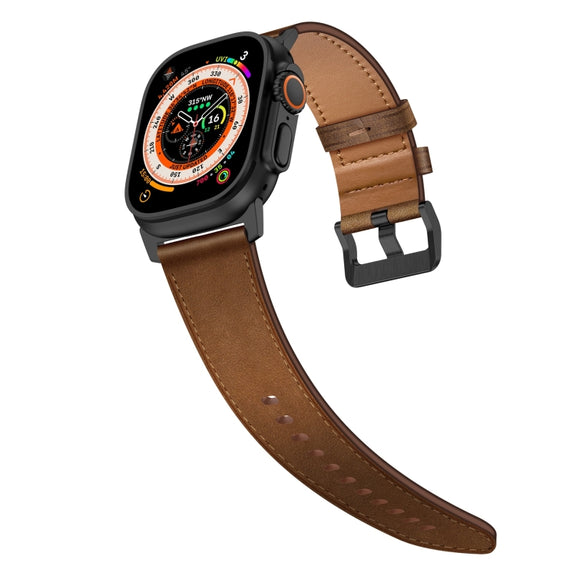 For Apple Watch Ultra 49mm Wilderness Top-grain Leather Watch Band(Black Connector Dark Brown)