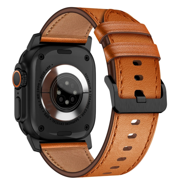 For Apple Watch Ultra 49mm Wilderness Top-grain Leather Watch Band(Black Connector Brown)
