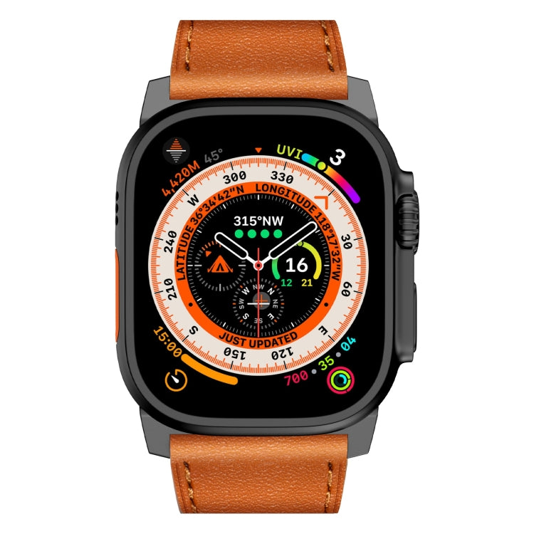 For Apple Watch Ultra 49mm Wilderness Top-grain Leather Watch Band(Black Connector Brown)