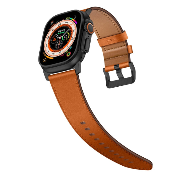 For Apple Watch Ultra 49mm Wilderness Top-grain Leather Watch Band(Black Connector Brown)