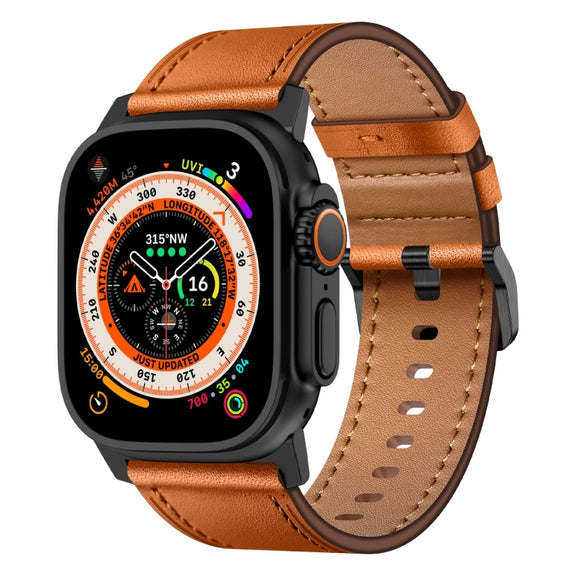 For Apple Watch Ultra 49mm Wilderness Top-grain Leather Watch Band(Black Connector Brown)